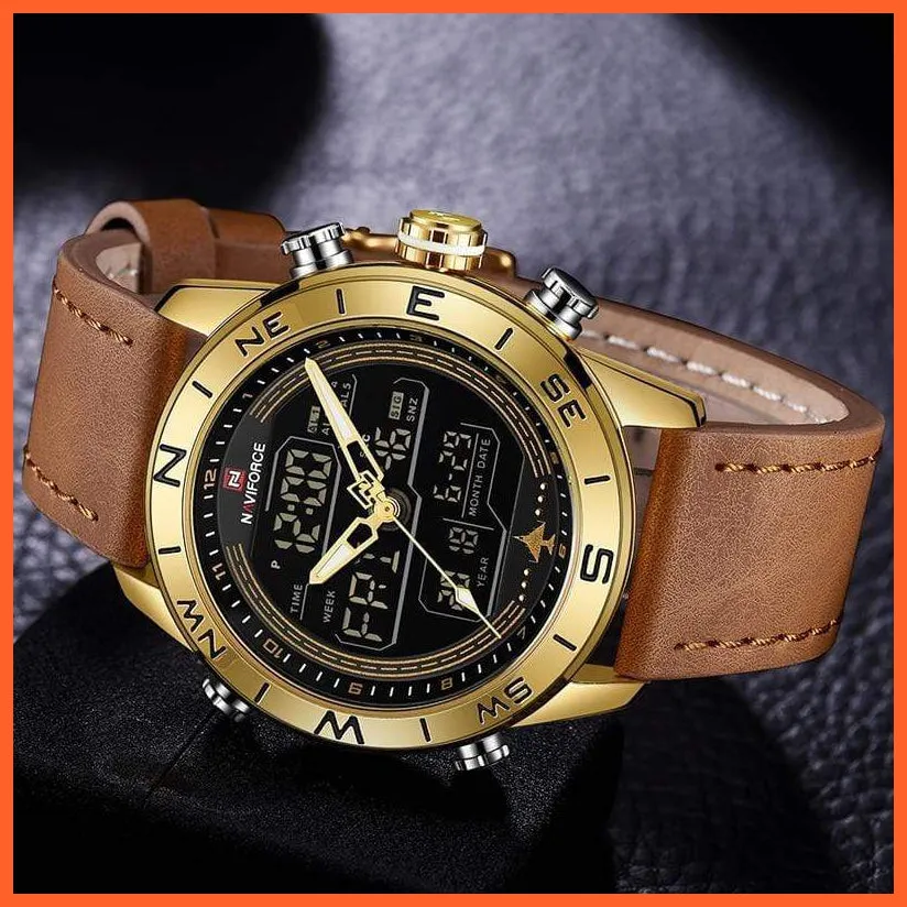 Luxury Brand Men Gold Military Watch Led Digital Leather Sports Watches Quartz Mens Watches