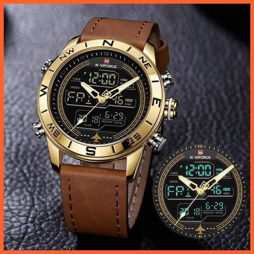 Luxury Brand Men Gold Military Watch Led Digital Leather Sports Watches Quartz Mens Watches