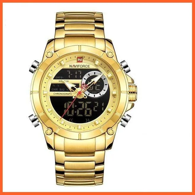 Men Military Sport Wrist Watch Gold Quartz | Steel Waterproof Dual Display Business Casual Watches