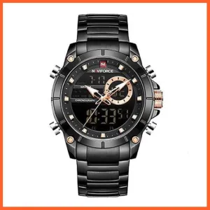 Men Military Sport Wrist Watch Gold Quartz | Steel Waterproof Dual Display Business Casual Watches