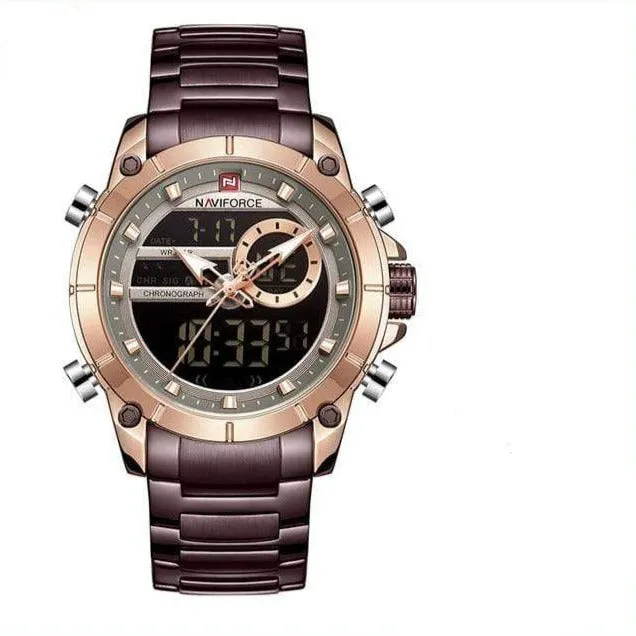 Men Military Sport Wrist Watch Gold Quartz | Steel Waterproof Dual Display Business Casual Watches
