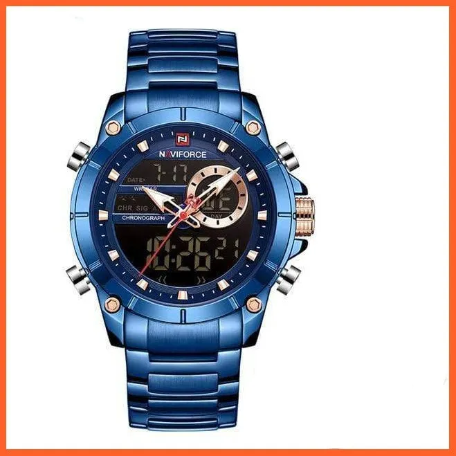 Men Military Sport Wrist Watch Gold Quartz | Steel Waterproof Dual Display Business Casual Watches