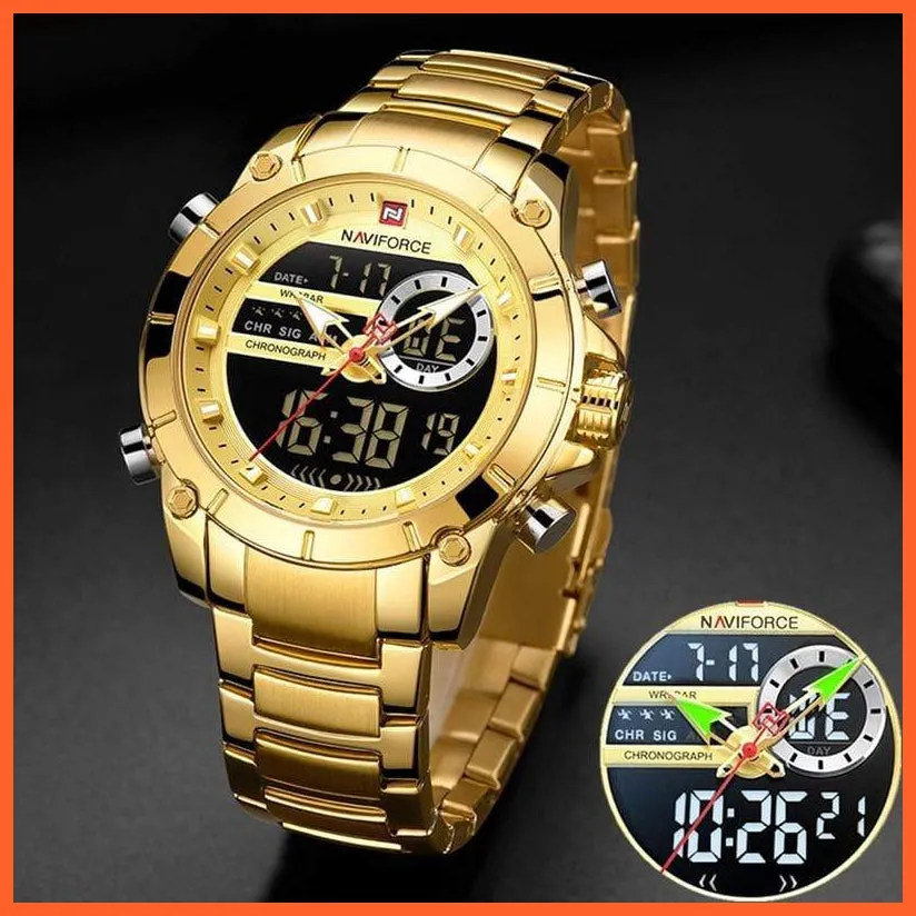 Men Military Sport Wrist Watch Gold Quartz | Steel Waterproof Dual Display Business Casual Watches