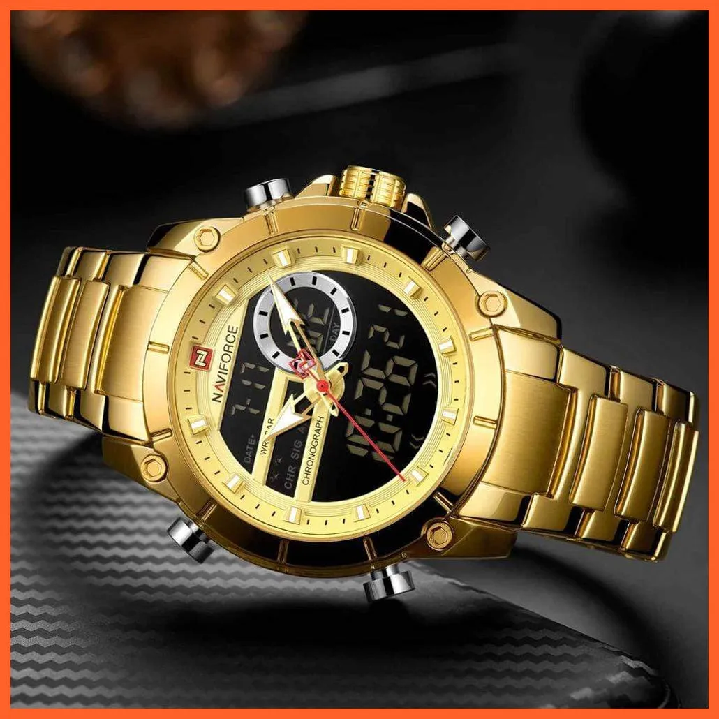 Men Military Sport Wrist Watch Gold Quartz | Steel Waterproof Dual Display Business Casual Watches