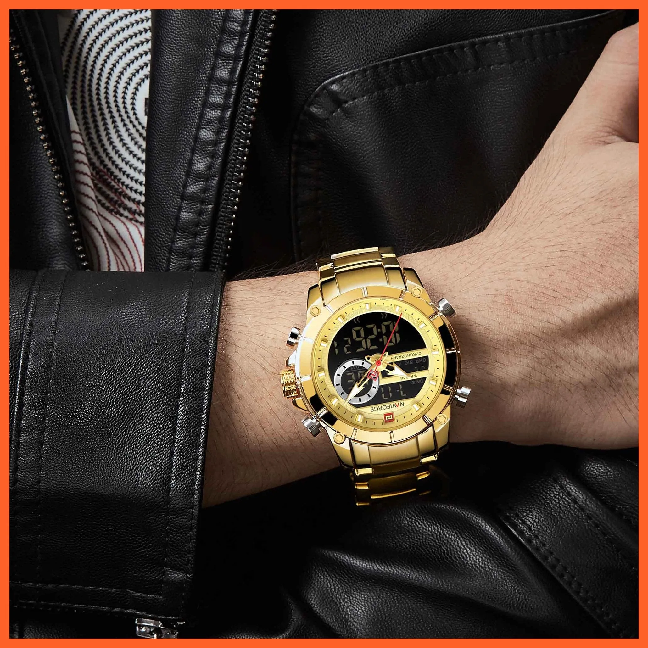 Men Military Sport Wrist Watch Gold Quartz | Steel Waterproof Dual Display Business Casual Watches