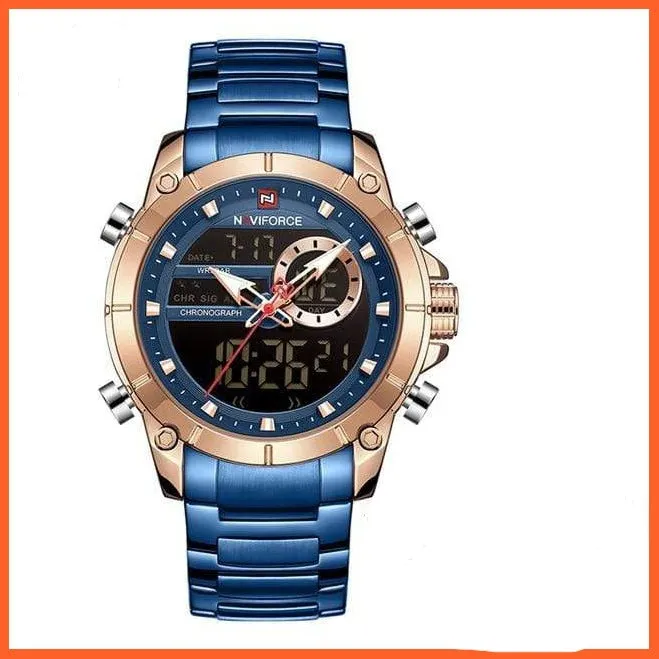 Men Military Sport Wrist Watch Gold Quartz | Steel Waterproof Dual Display Business Casual Watches