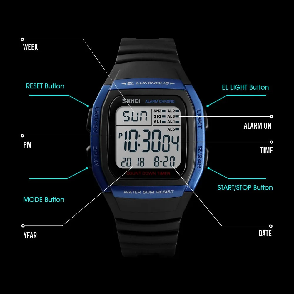 Men Watches Waterproof Sports Digital LED Alarm Chrono Electronic Wristwatch