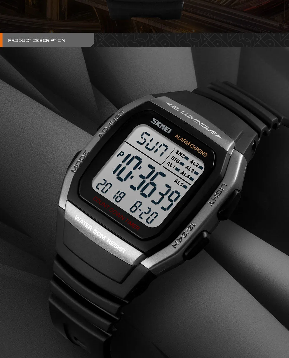 Men Watches Waterproof Sports Digital LED Alarm Chrono Electronic Wristwatch