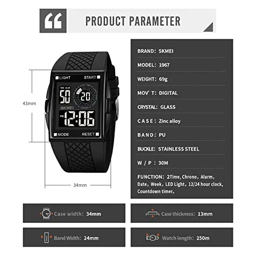 Mens Digital Sports LED Glass Screen Large Face Military Square Watch