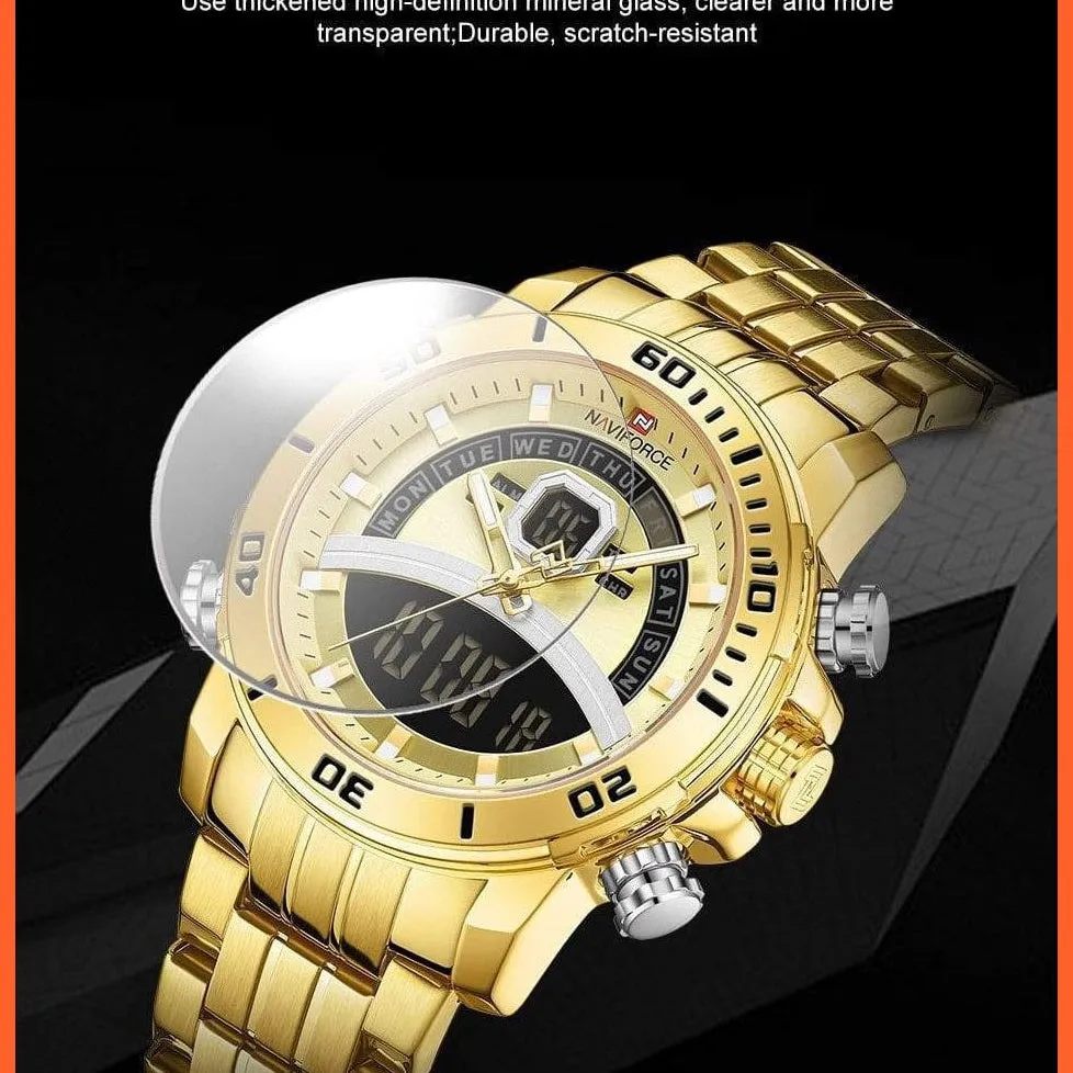 Mens Luxury Gold Business Digital  Military Sports Quartz Steel Band Waterproof Wristwatches