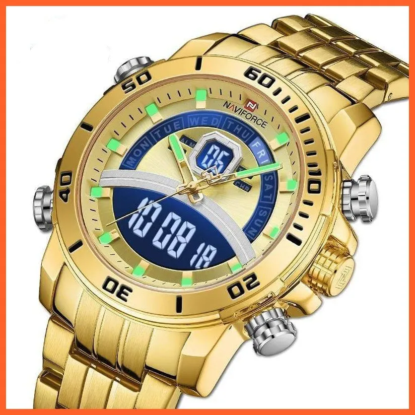 Mens Luxury Gold Business Digital  Military Sports Quartz Steel Band Waterproof Wristwatches