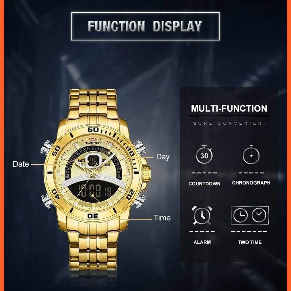 Mens Luxury Gold Business Digital  Military Sports Quartz Steel Band Waterproof Wristwatches