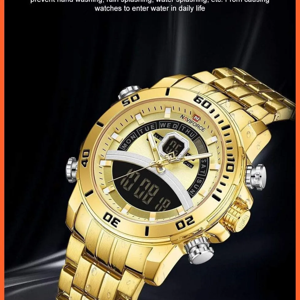 Mens Luxury Gold Business Digital  Military Sports Quartz Steel Band Waterproof Wristwatches