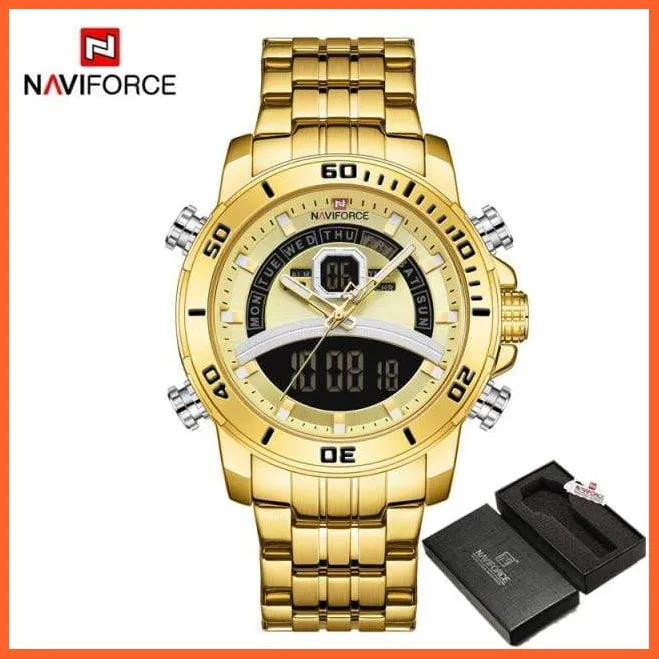 Mens Luxury Gold Business Digital  Military Sports Quartz Steel Band Waterproof Wristwatches