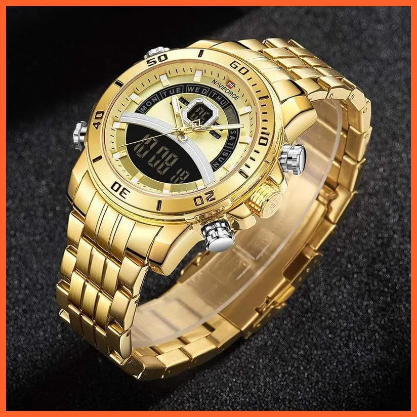 Mens Luxury Gold Business Digital  Military Sports Quartz Steel Band Waterproof Wristwatches