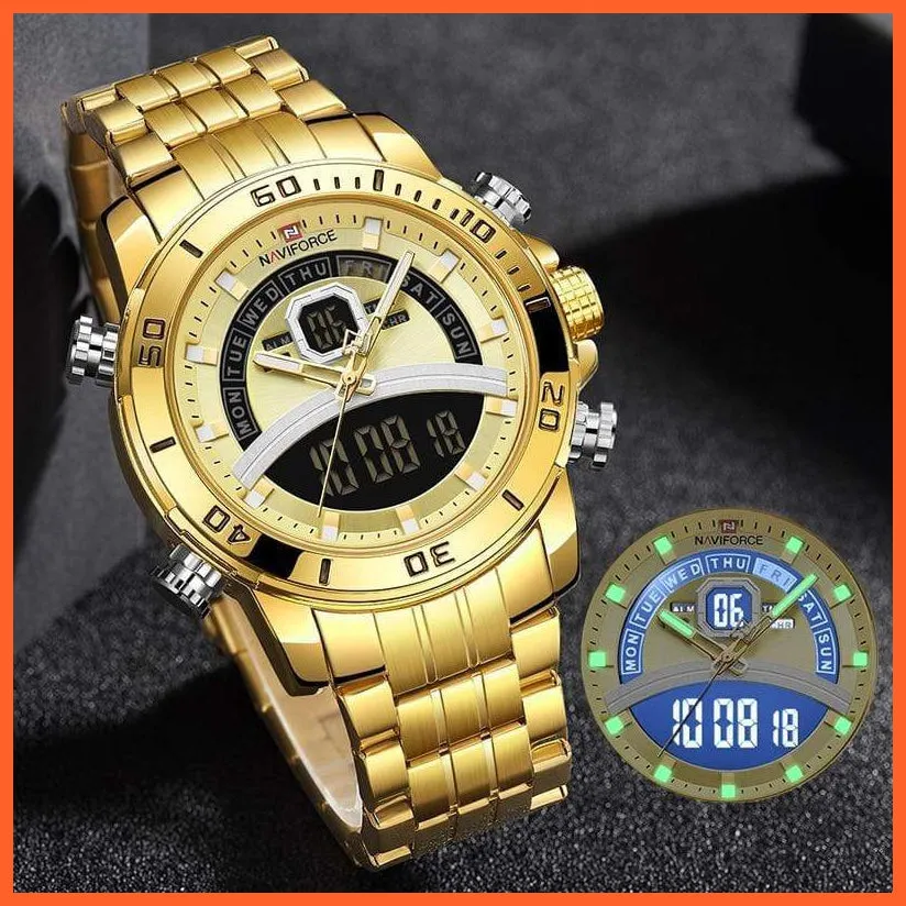 Mens Luxury Gold Business Digital  Military Sports Quartz Steel Band Waterproof Wristwatches