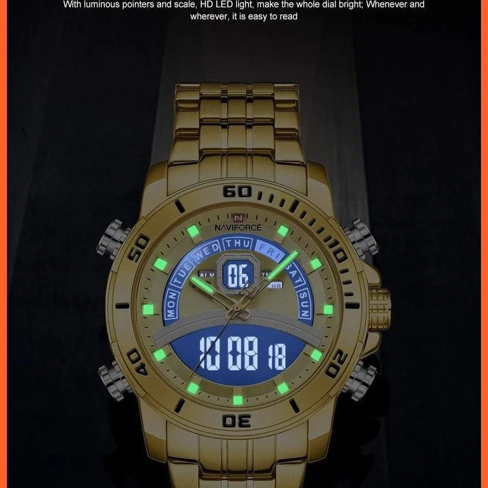 Mens Luxury Gold Business Digital  Military Sports Quartz Steel Band Waterproof Wristwatches