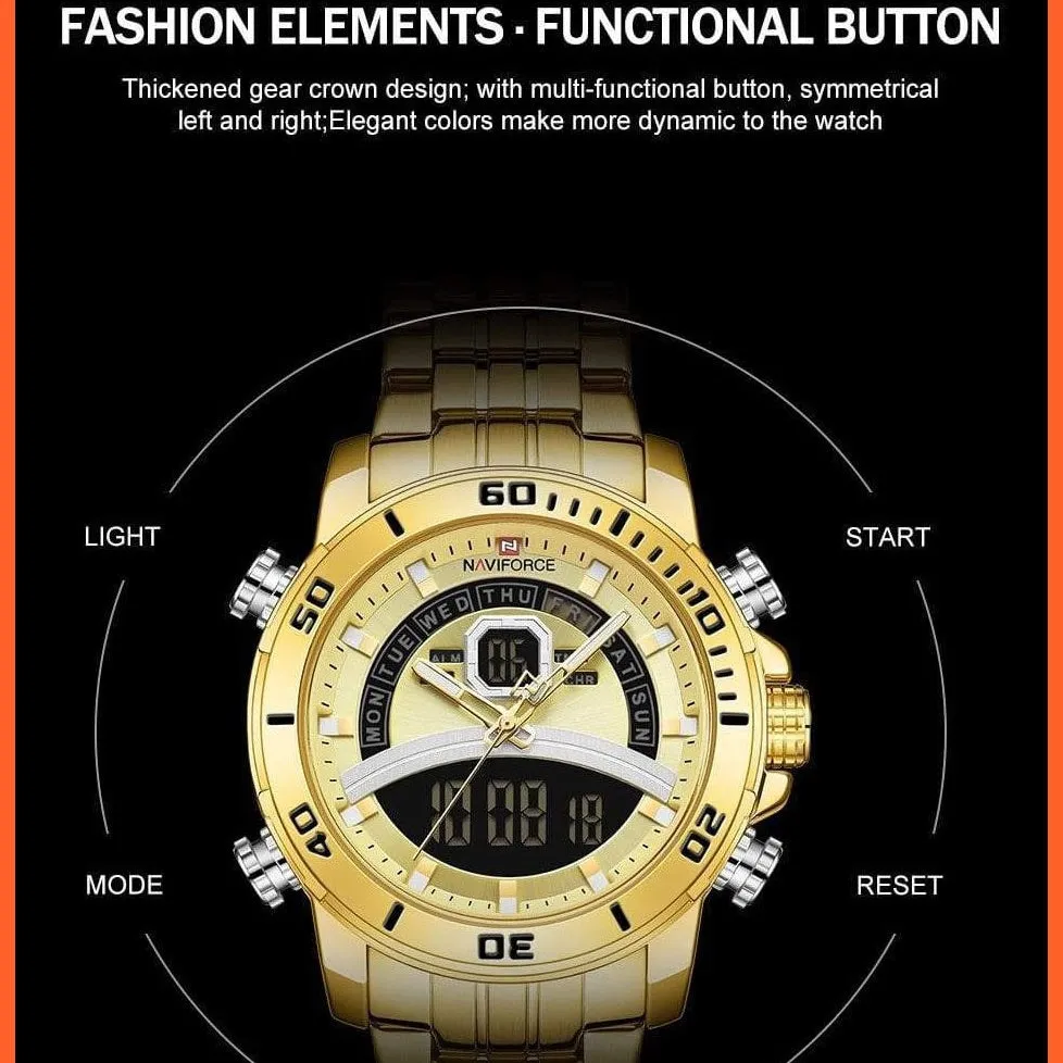 Mens Luxury Gold Business Digital  Military Sports Quartz Steel Band Waterproof Wristwatches