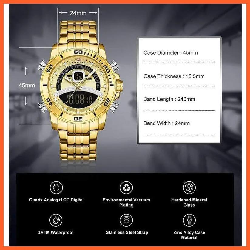 Mens Luxury Gold Business Digital  Military Sports Quartz Steel Band Waterproof Wristwatches