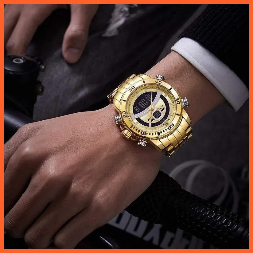Mens Luxury Gold Business Digital  Military Sports Quartz Steel Band Waterproof Wristwatches