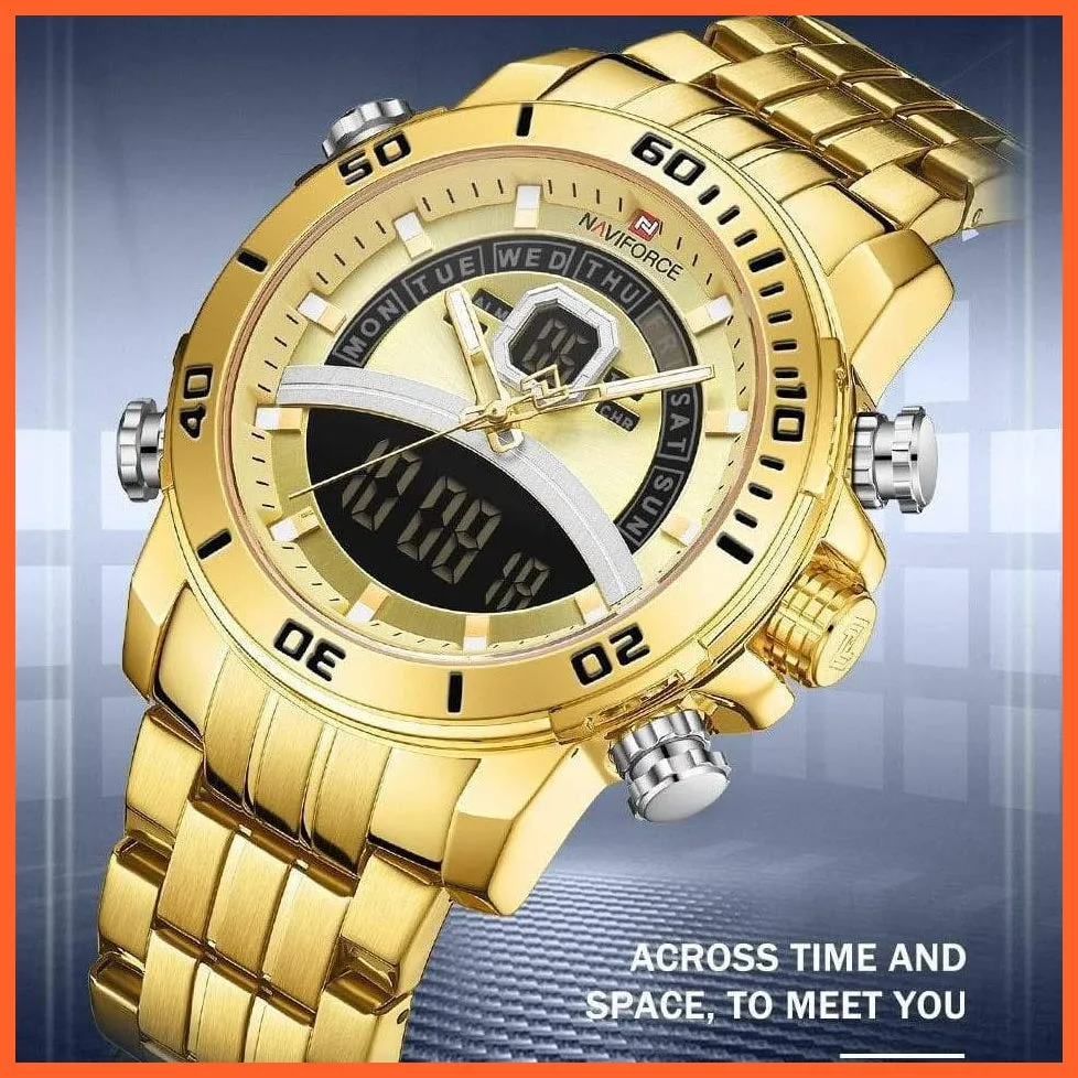 Mens Luxury Gold Business Digital  Military Sports Quartz Steel Band Waterproof Wristwatches