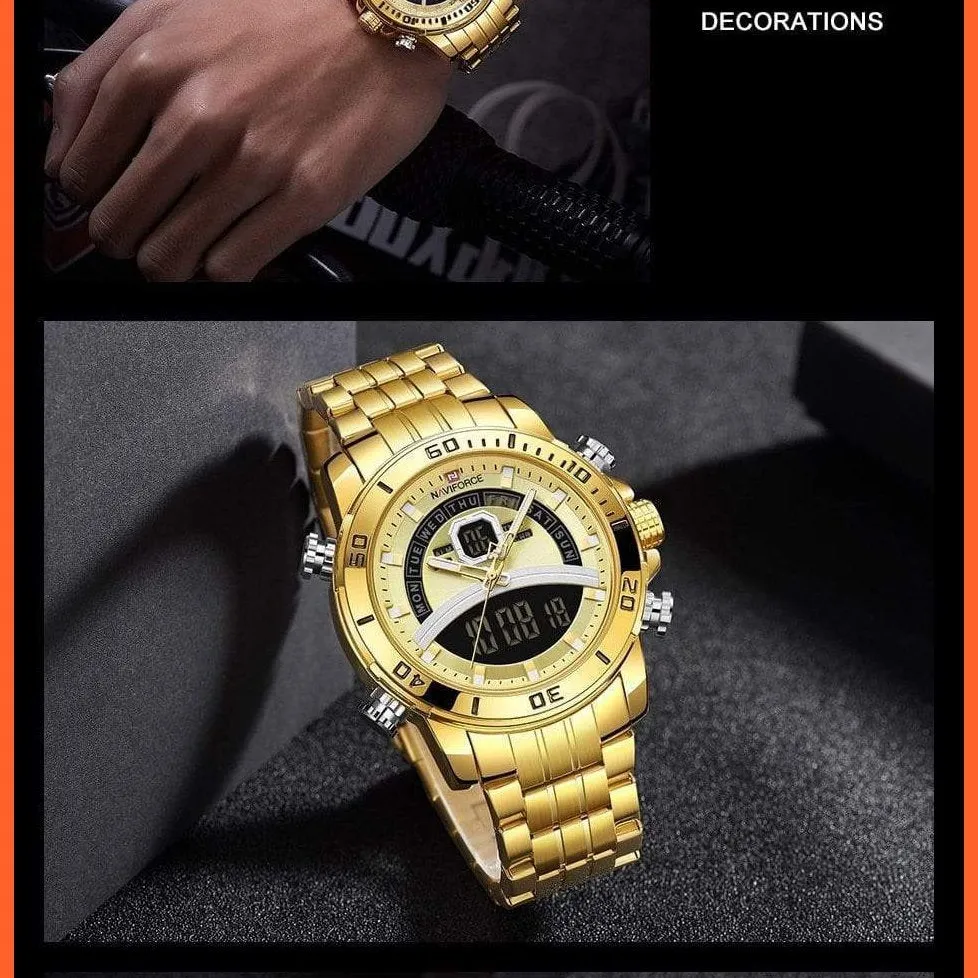Mens Luxury Gold Business Digital  Military Sports Quartz Steel Band Waterproof Wristwatches