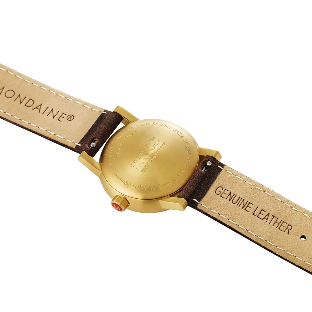 MONDAINE EVO2 30mm, PETIT GOLD CASE- BROWN LEATHER WATCH MSE.30112.LG