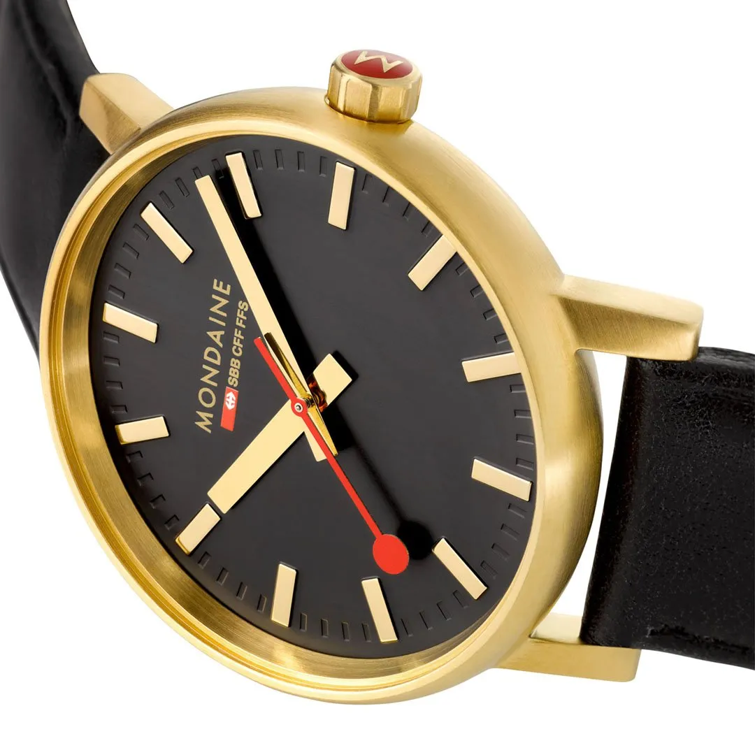 Mondaine Evo2 40mm Gold Case -Black Leather Watch MSE.40122.LB