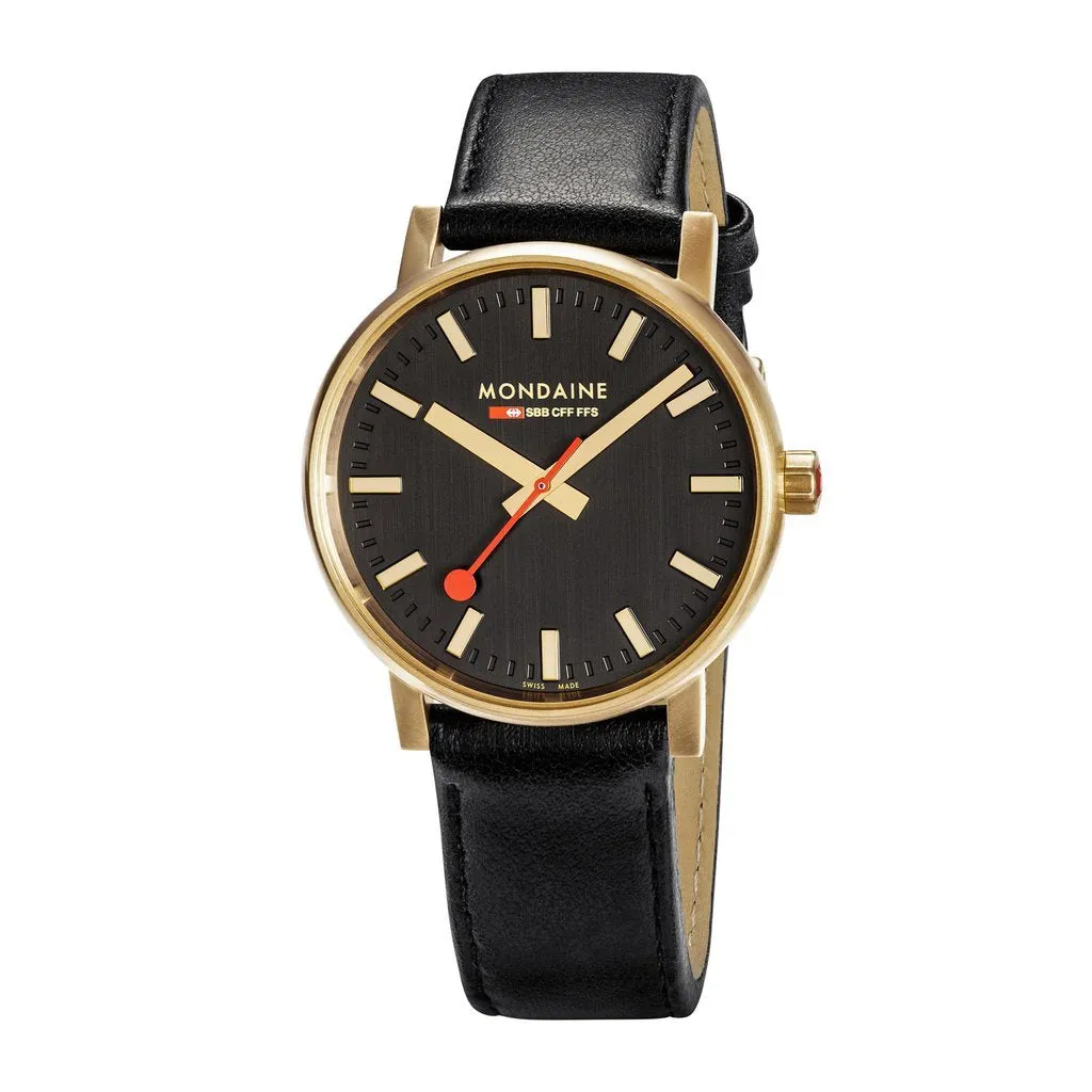 Mondaine Evo2 40mm Gold Case -Black Leather Watch MSE.40122.LB