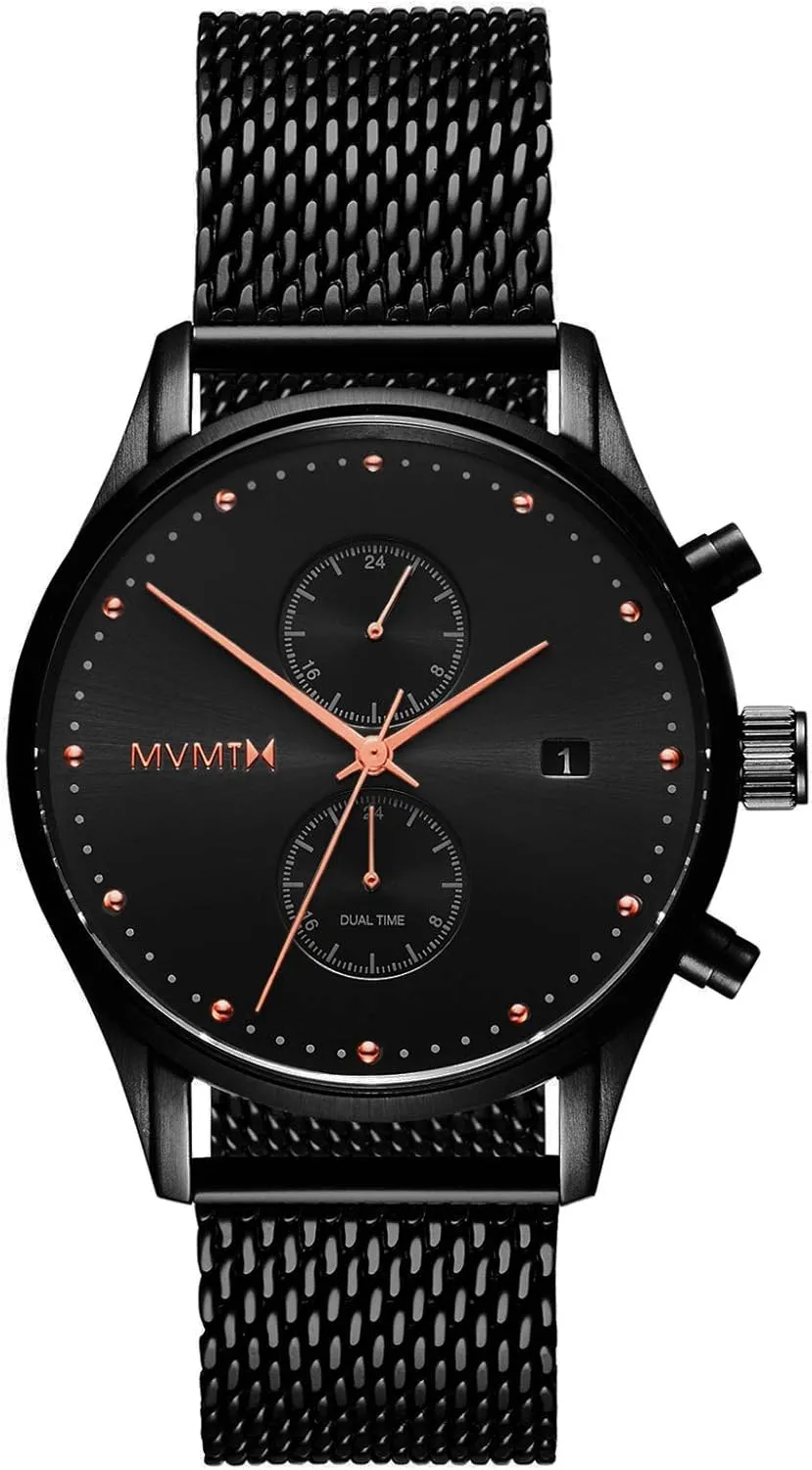 MVMT Voyager Dual Timezone Watch - Mens Stainless Steel Analog Timepiece - Stainless Steel Watch for Men - Waterproof 10 ATM/100 Meters Mens Watch - Thin Interchangeable Leather Watch Bands - 42mm