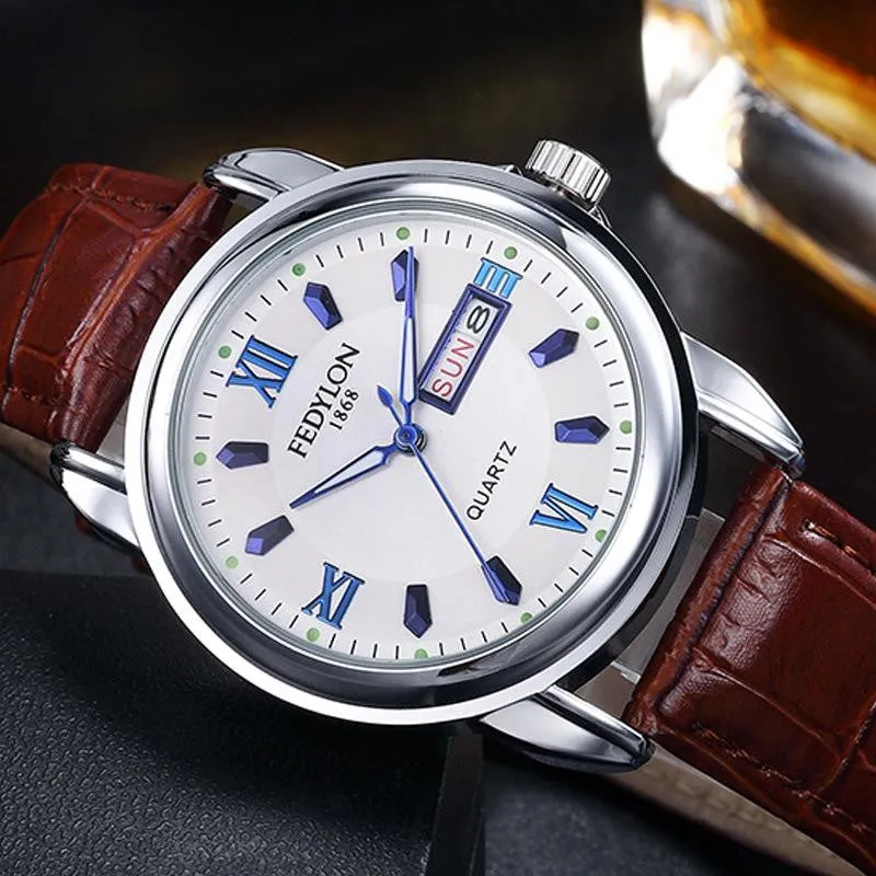 New Luxury Mens Watches Super Soft Leather Clock Men Date Day Calendar Waterproof Quartz Wrist Watches For Men