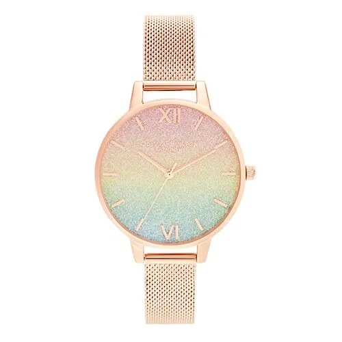 Olivia Burton Rose Gold Plated Rainbow Glitter Mesh Watch