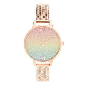 Olivia Burton Rose Gold Plated Rainbow Glitter Mesh Watch