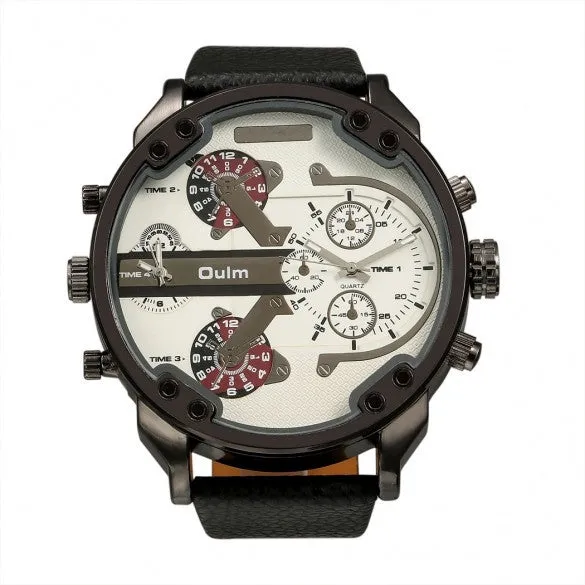 OULM Fashion Oversized Dual Dial Display Time Chronograph PU Leather Band Men's Watch