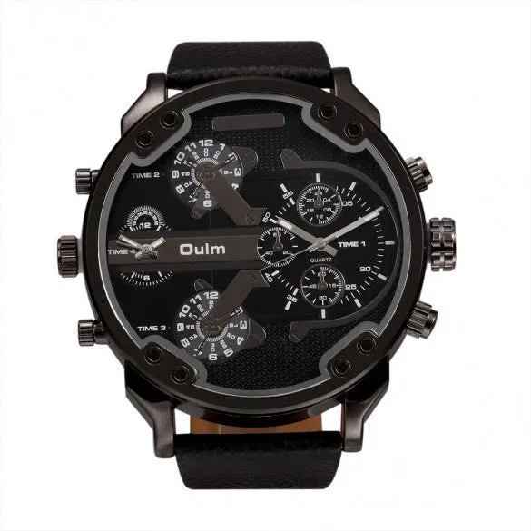 OULM Fashion Oversized Dual Dial Display Time Chronograph PU Leather Band Men's Watch