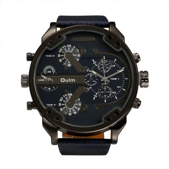 OULM Fashion Oversized Dual Dial Display Time Chronograph PU Leather Band Men's Watch