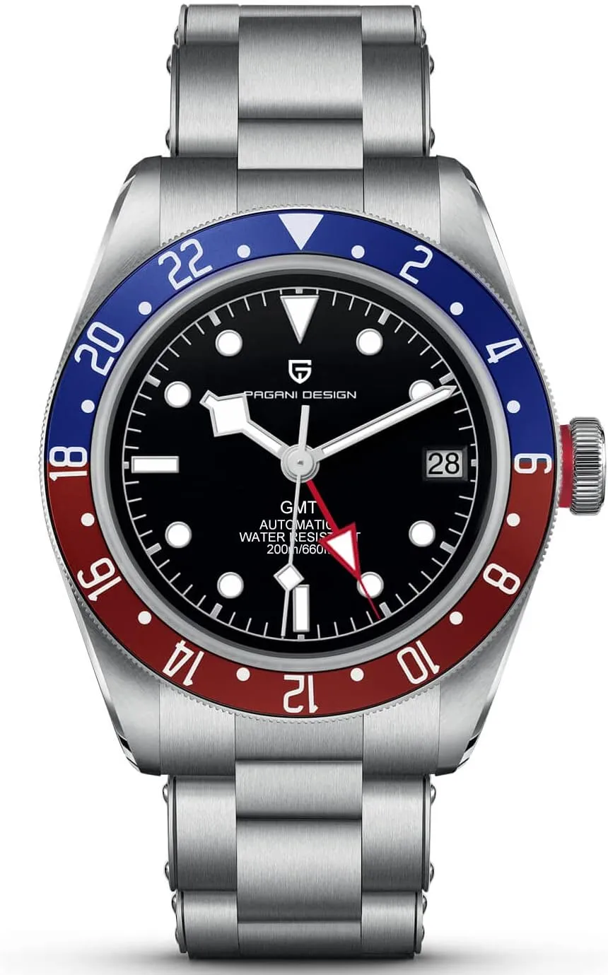 Pagani Design 1706 GMT Men's Automatic Watches, Stainless Steel 100M Waterproof Dual Time Fashion Casual Mens Self Winding Wrist Watch