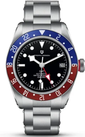 Pagani Design 1706 GMT Men's Automatic Watches, Stainless Steel 100M Waterproof Dual Time Fashion Casual Mens Self Winding Wrist Watch