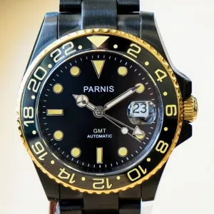 PARNIS Automatic Watch Date Indicator GMT/Dual Time Black Rotating Bezel Wristwatch 42mm
