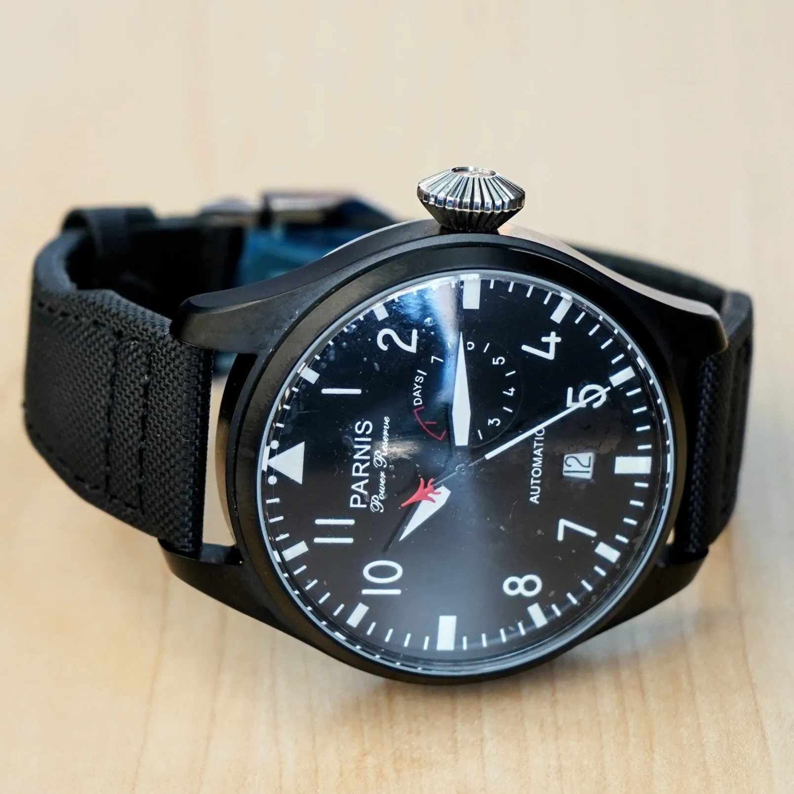 PARNIS Automatic Watch Power Reserve Large Pilot Style Date Wristwatch 48mm