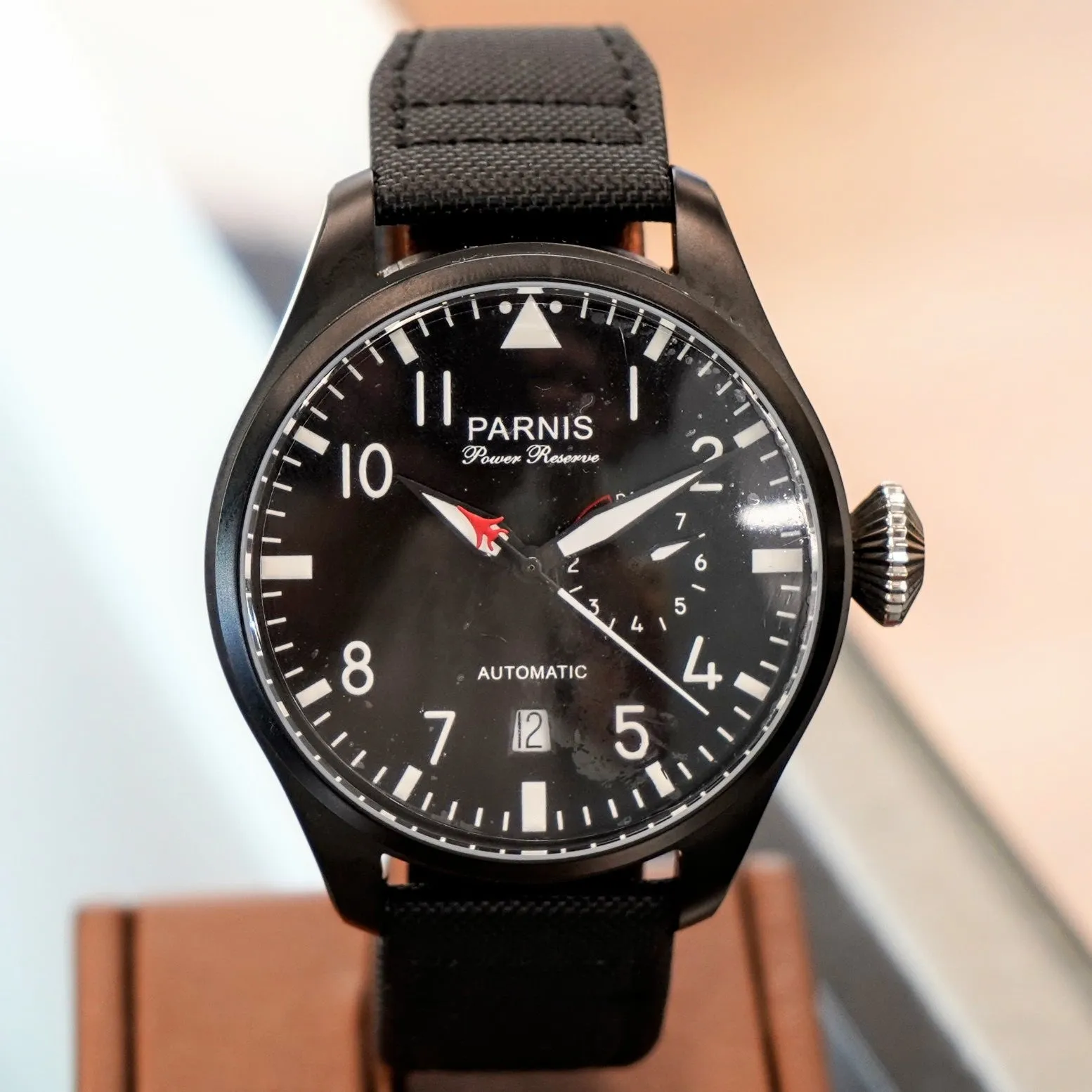 PARNIS Automatic Watch Power Reserve Large Pilot Style Date Wristwatch 48mm