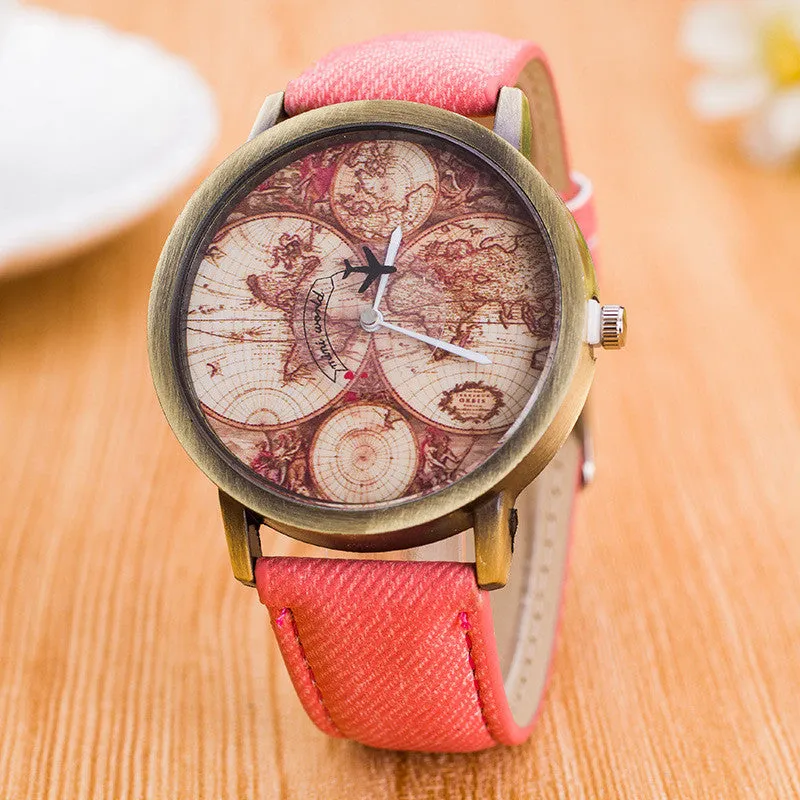 Plane Word Map Denim Strap Watch