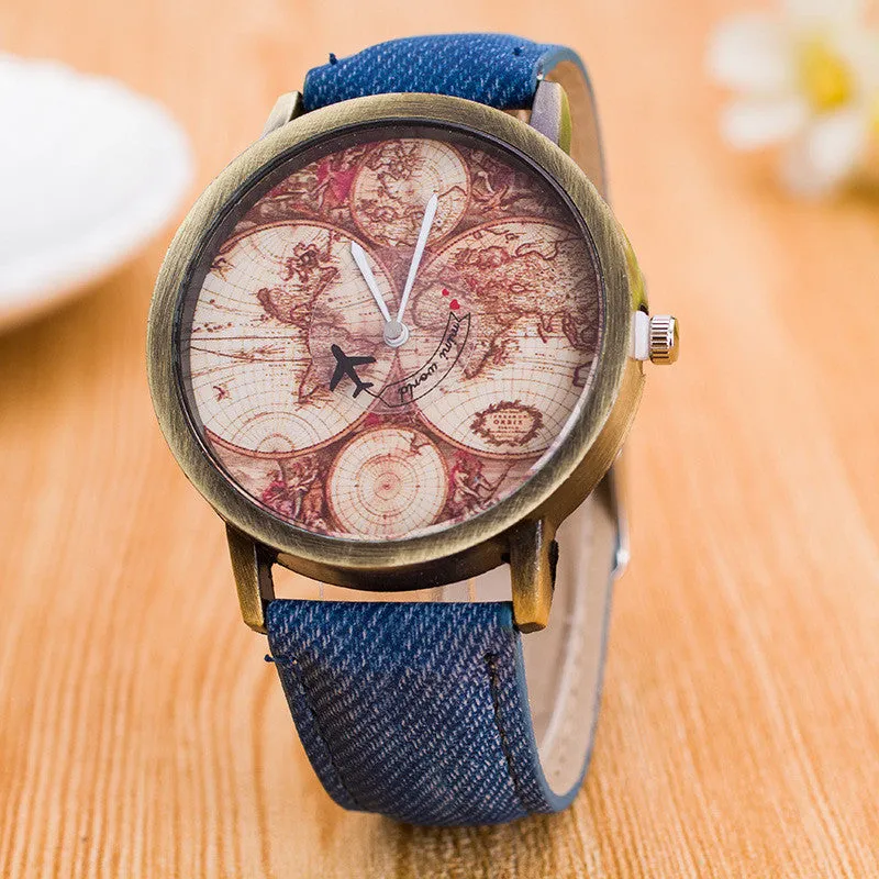 Plane Word Map Denim Strap Watch