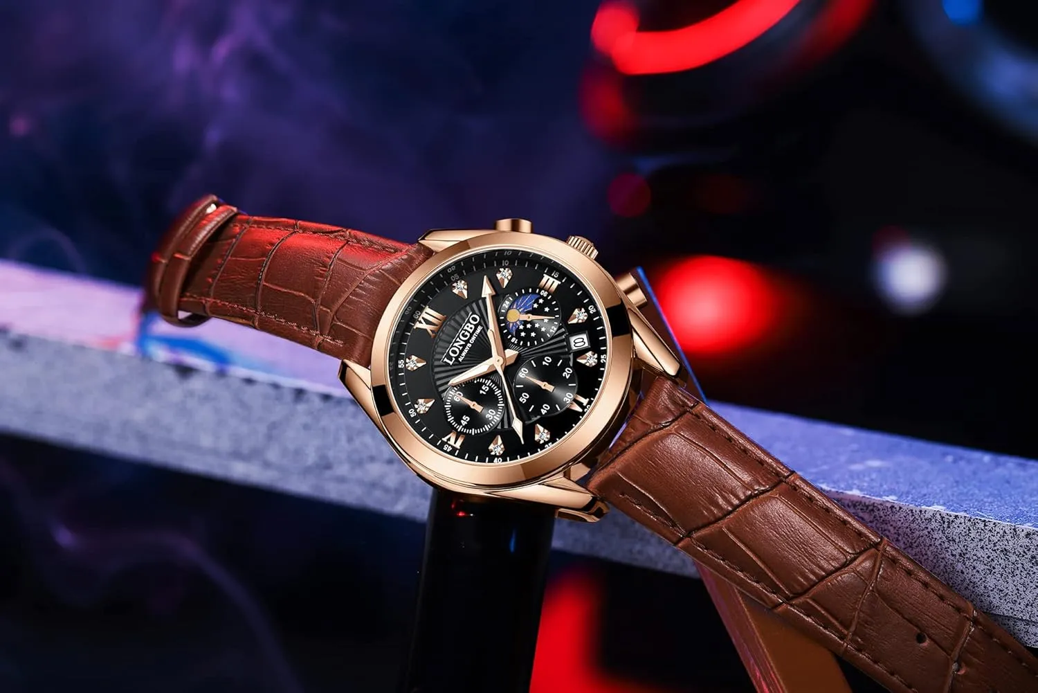 Quartz Casual Men's WatchesGenuine Leather Strap Mens Watches, Waterproof, Night Light, Calendar, Chronograph Watch for Stylish Men