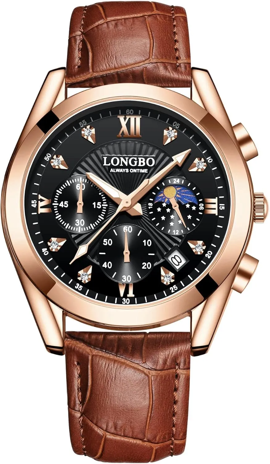 Quartz Casual Men's WatchesGenuine Leather Strap Mens Watches, Waterproof, Night Light, Calendar, Chronograph Watch for Stylish Men