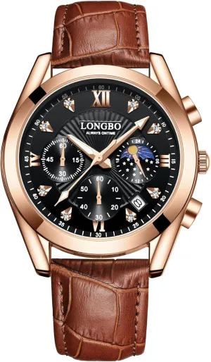Quartz Casual Men's WatchesGenuine Leather Strap Mens Watches, Waterproof, Night Light, Calendar, Chronograph Watch for Stylish Men