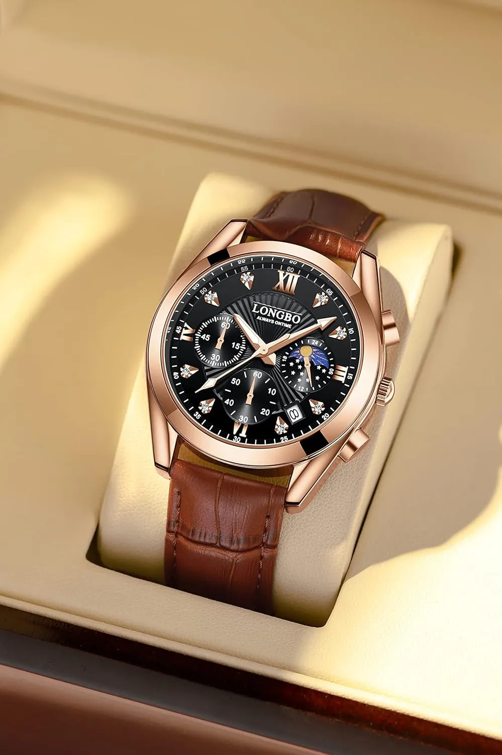 Quartz Casual Men's WatchesGenuine Leather Strap Mens Watches, Waterproof, Night Light, Calendar, Chronograph Watch for Stylish Men