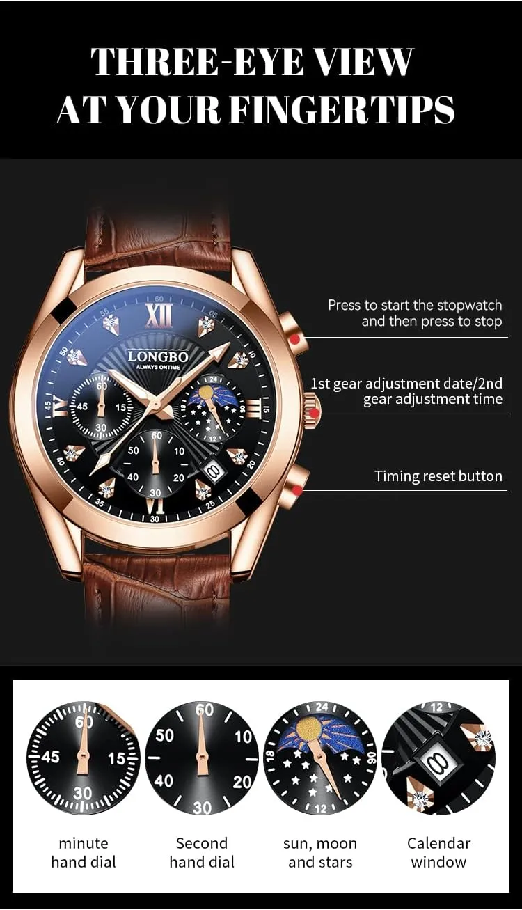 Quartz Casual Men's WatchesGenuine Leather Strap Mens Watches, Waterproof, Night Light, Calendar, Chronograph Watch for Stylish Men