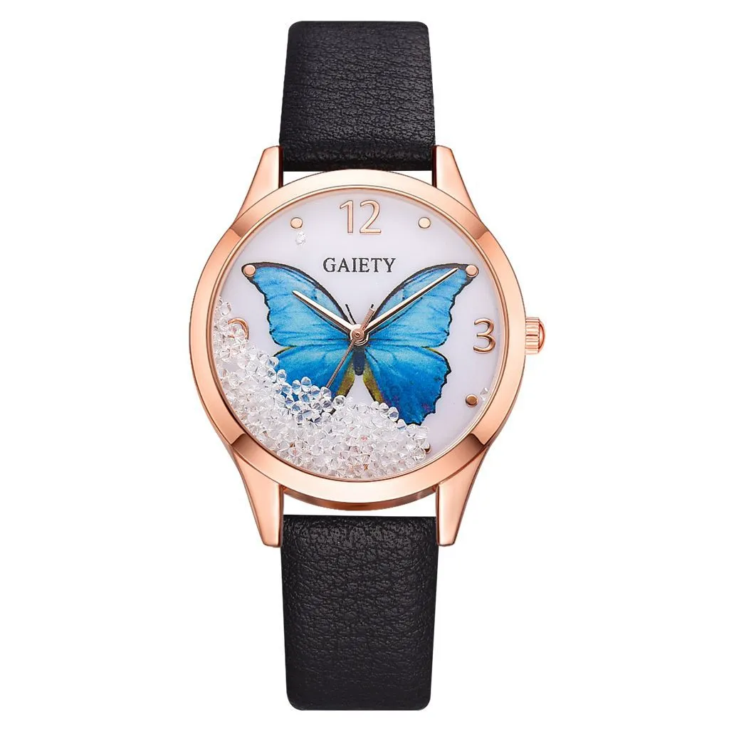 Rhinestone Butterfly Women's Leather Watches