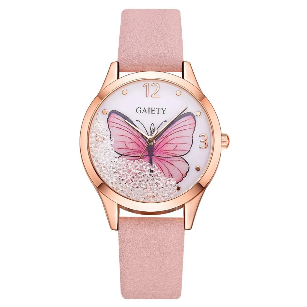 Rhinestone Butterfly Women's Leather Watches